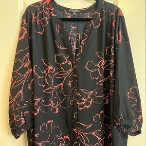 NYDJ Black & Coral Floral Blouse – Size 2X – Flowy & Lightweight